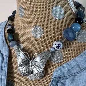 Bohm Large Silver Butterfly, Blue Beaded Necklace